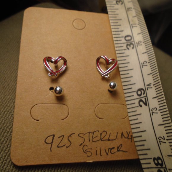 925 Sterling Silver Stud Earring Set  4mm Ball Stud & 10mm Open Heart W Enamel - Picture 2 of 3